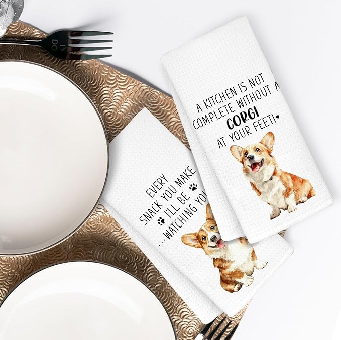 Chef Kitchen Towels Set of 2, Dog Mom Gifts for Women, Corgi Gifts Hand Towels, Gift for Corgi Lovers Dish Towels Dishcloths Tea Towels for Kitchen, 16x24 Inch