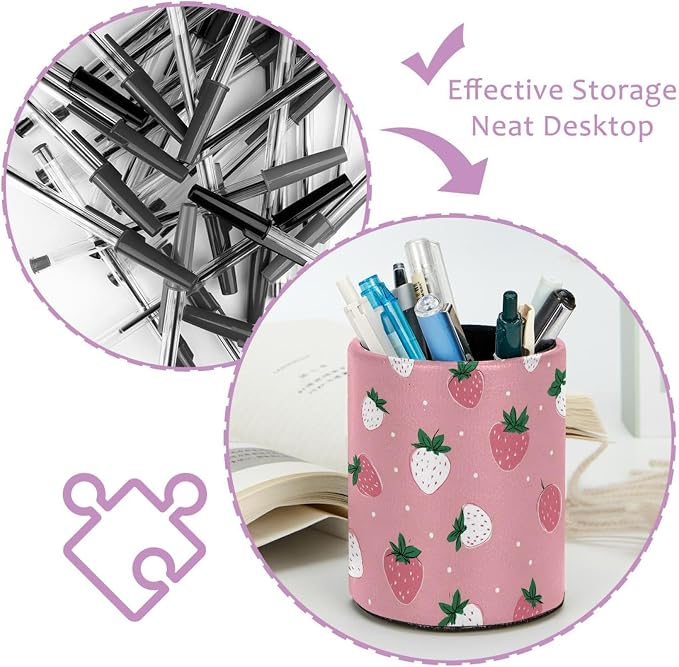 Faux Leather Pen Holder for Desk, Pencil Organizer Pink Strawberries Pen Cup Desk Decor Makeup Brush Holder Storage for Office Home