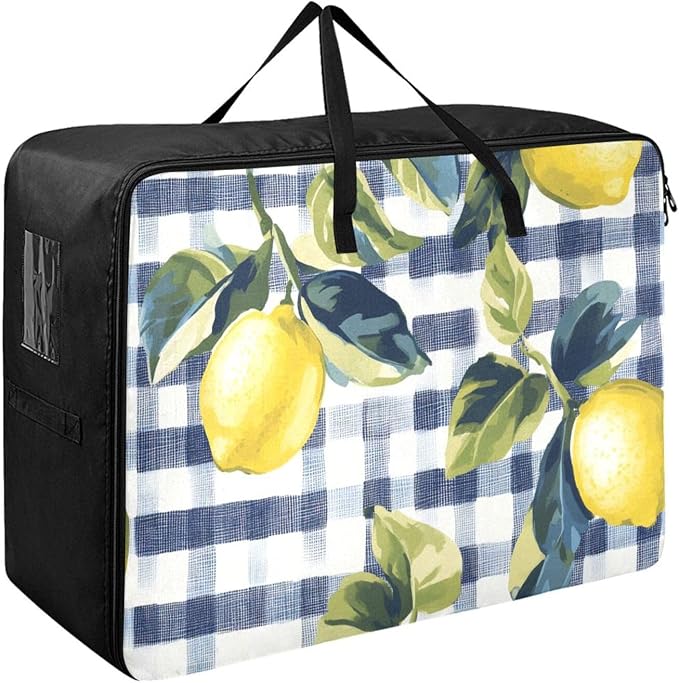 Comforter Storage Bags Large Folding Blanket Organizer Bag with Strong Handles Clear Window Closet Storage Containers for Clothes King Queen Pillows Bedding Quilt Duvet Blue Gingham Yellow Lemo