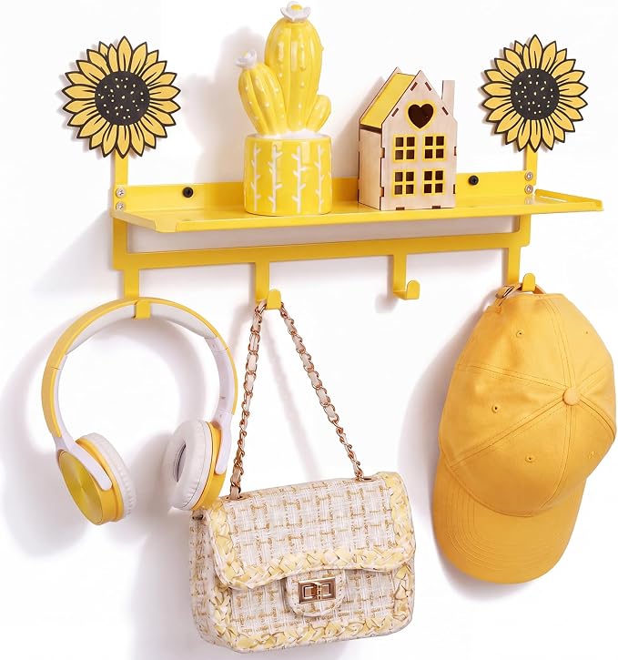 Yellow Sunflower Coat Rack Wall Mount with Shelf Metal Entryway Hanging Shelf with 4 Hooks Cute Beach Coastal Bedroom Accessories Decor for Dog Leash Pet Collar Keys Clothes Hats Towel Purse
