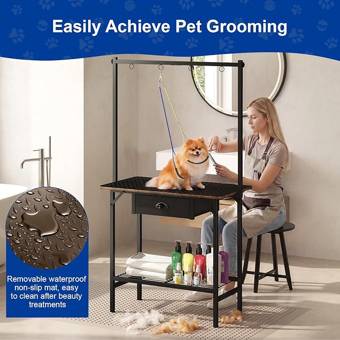 32 Inch Adjustable Dog Grooming Table with Drawer & Non-slip Removable Mat | Pet Grooming Table with Mesh Tray & EVA Protective Lanyard,Professional Grooming Table for small Dogs at Home