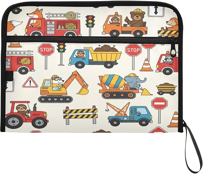 Colorful Construction Truck 13 Pocket File Organizer Expanding File Folder with Front Pouch Portable Business File Storage Document Organizer Folder with Zipper