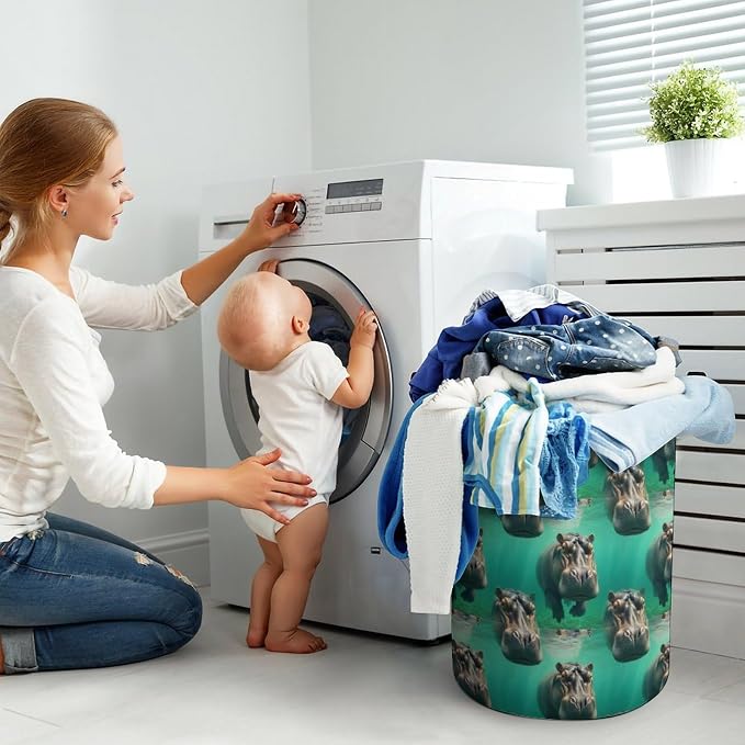 Collapsible Laundry Hamper with Handles Diving Hippo, Large Waterproof Clothes Basket for Bedroom, Bathroom, and Toy Storage Organization