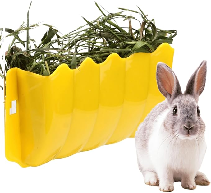 Rabbit Hanging Hay Feeder Rack Guinea Pig Mess-Free Dispenser Hay Bowl Manger Rack Wall-Mounted for Small Pets Rat Chinchilla Ferret Squirrel Cage Accessories (Yellow)