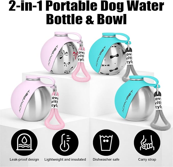 Portable Dog Water Bottle 10oz Stainless Steel Travel Dog Water Dispenser with Bowl No-Spill Puppy Water Bottle for Walking Hiking Small Dog Water Bottle (Blue Bow Print)