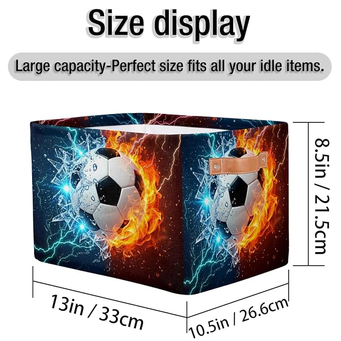 AUUXVA SEULIFE Football Soccer in Fire Water Foldable Storage Basket, Large Collapsible Organizer Storage Bin Cube Toys Storage Boxes with Handles for Bathroom Kids Nursery Closet Storage, 1 Pack