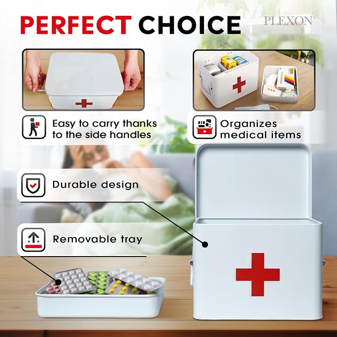 Plexon 8.5" Metal First Aid Box Empty, Medicine Storage Bin with Lid, Emergency Supplies Organizer, Portable First Aid Kit Case, White
