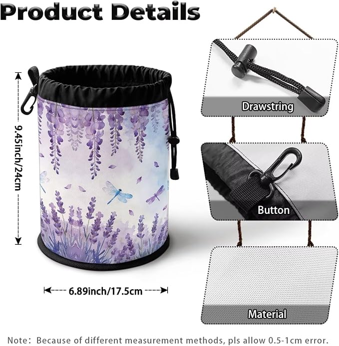 Lavender Dragonfly Drawstring Laundry Clothespin Bag, Peg Organizer Pouch with Multi-Hang Loop, Portable Storage for Clips, Perfect for Drying Rack, Camping Trips, Dorm