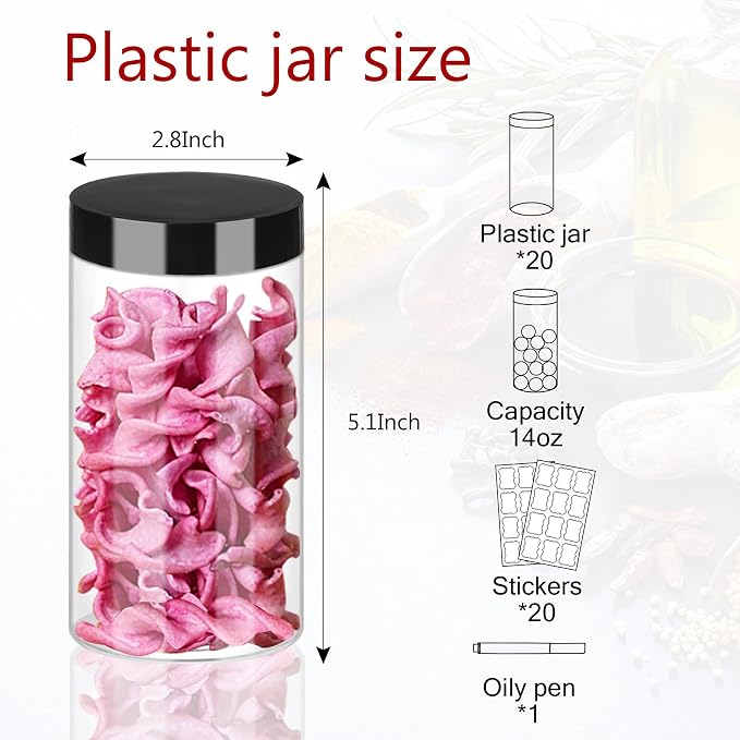 Hajoyful Plastic Jars with Lids 20Pcs 14 oz Clear Plastic Slime Storage Jars Containers with Airtight Leak Proof Black Plastic Screw On Lids Cylinder Clear Round Jar Food Grade Durable PET Jar