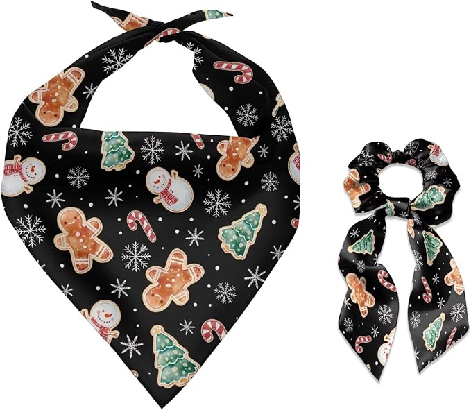 COEQINE Small Dog Bandanas Christmas Bandana for Dogs with Black Pink Hair Tie for Women Holiday Costume Gingerbread People Black Xmas Decor Pattern Triangle Bibs Scarf Accessories