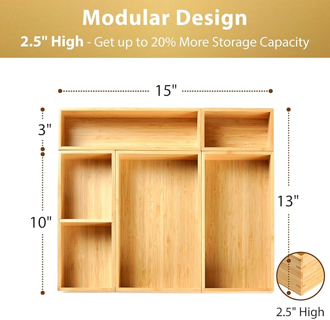 Drawer Organizer Storage Boxes, 2.5" High Bamboo Drawer Dividers, 5 Rearrangeable Bins for Kitchen, Office Desktop, Clothing, Makeup, vanity, Jewelry