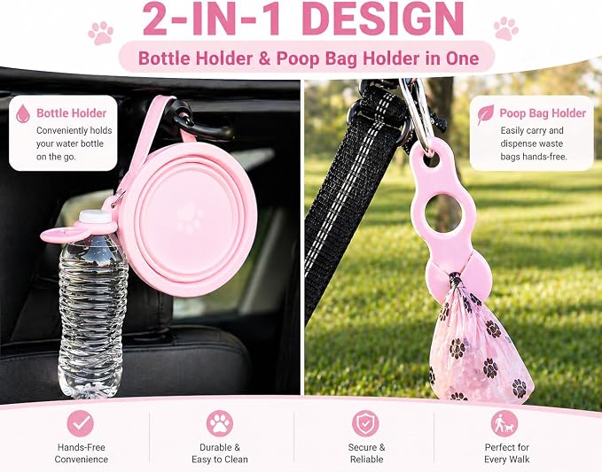 Pink Collapsible Travel Dog & Cat Bowl – BPA-Free Silicone & 18/8 Stainless Steel, Portable Non-Slip Food & Water Bowl with Handle, Bottle/Poop Bag Holder – Claim Your