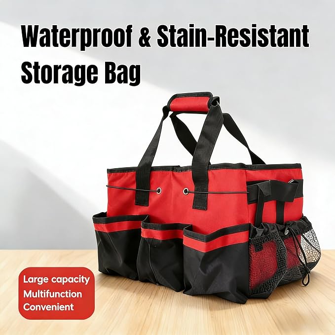 Tool Organizer Tote Bag, Pink and Black, Large Capacity with Adjustable Compartments, Portable Cleaning Storage Caddy, 14.96x10.63x9.06 Inches (Red)