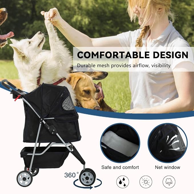 Pet Jogger Stroller, 3-Wheel Folding Carrier for Small Dogs & Medium Pets, Waterproof with Cup Holder & Removable Liner (Black)