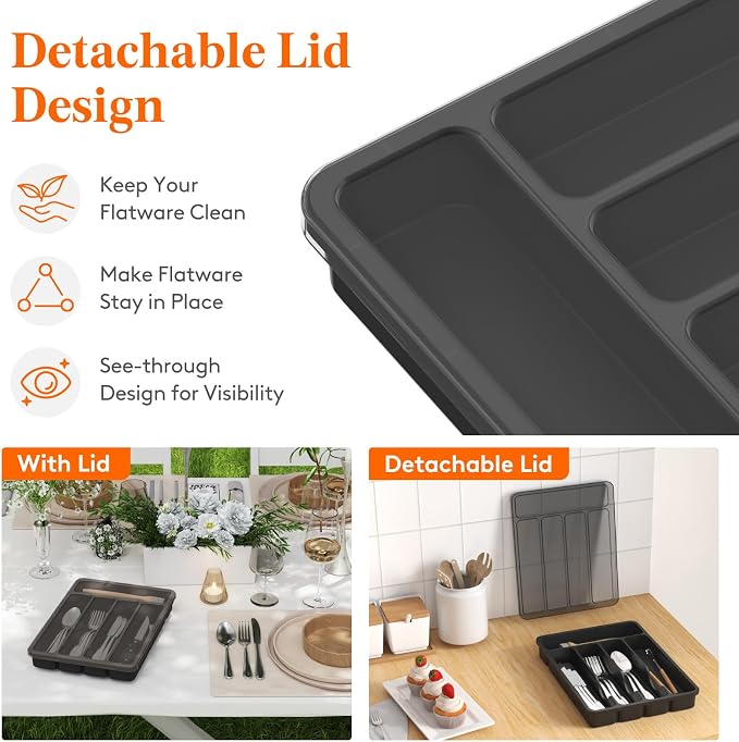Lifewit Silverware Organizer with Lid, Covered Utensil Tray, 9.5x12.7 | Plastic Cutlery Storage Box for Kitchen Drawer and Countertop, Flatware Case Holder for Spoons Forks Knives, Black