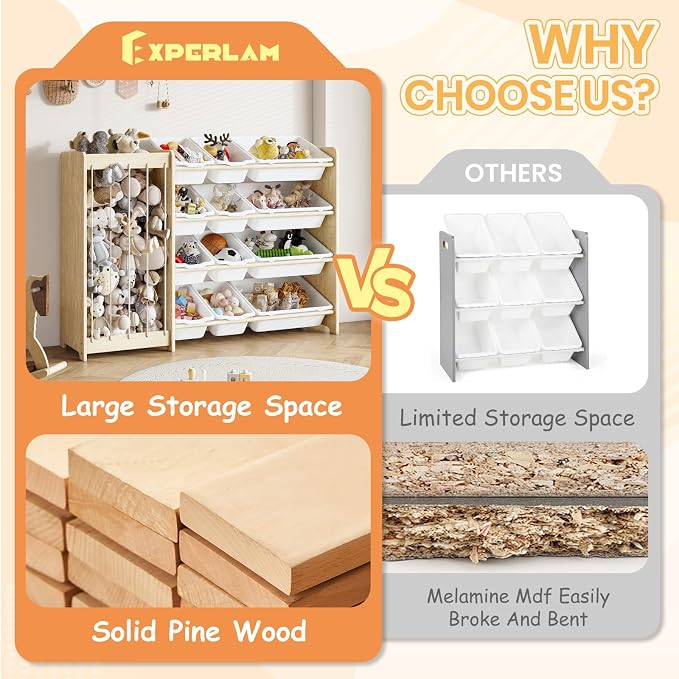 EXPERLAM Kids Toy Storage Organizer, 2-in-1 Stuffed Animal Storage & Toy Organizer w/12 Bins, Solid Wood Toy Rack Featuring Thicker Elastic Ropes to Hold Toys, Playroom Nursery Bedroom Storage, White