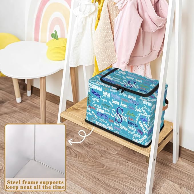 Personalized Name Storage Basket with Zipper Lid, Lake Blue Boys Men Canvas Storage Bins Toys Clothes Organizer for Bedroom, Kitchen, Bathroom, Nursery, Shelves, Closets