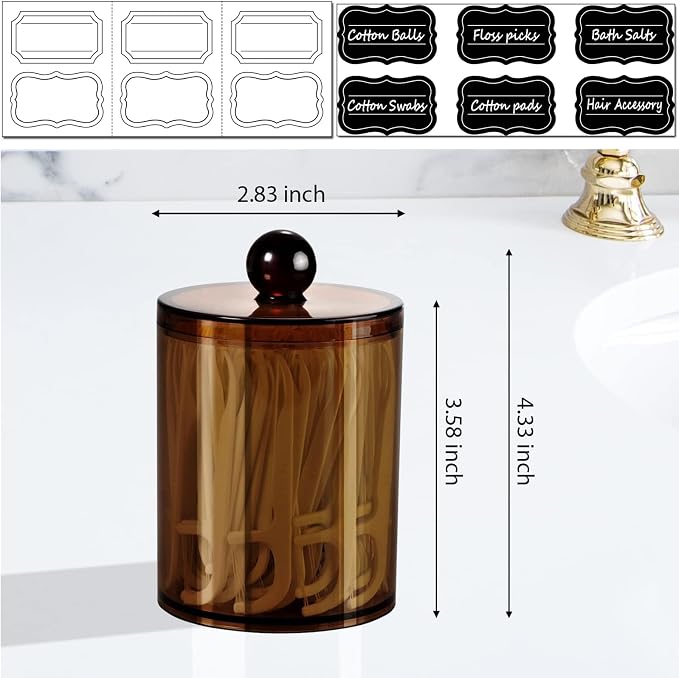 SheeChung 2 Pack Amber Qtip Holder,Acrylic Apothecary Jars with Lids | 10oz Qtip Dispenser Bathroom Set,Clear Plastic Vanity Storage Canisters for Cotton Swabs,Balls,Pads