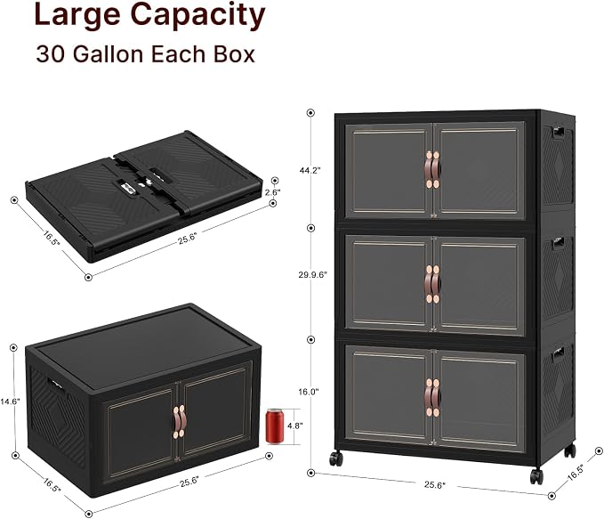 Stackable Storage Bins with Lids,720QT Lockable Storage Cabinet | Folding Storage Box with Doors and Wheels, Collapsible Plastic Drawers for Home, Garage, Office