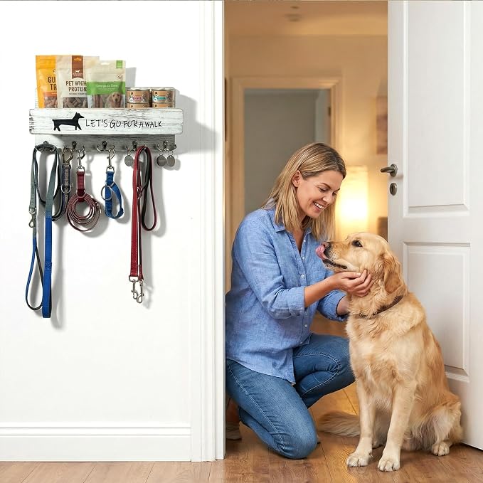 Wood Dog Leash Holder for Wall, Key Hanger with 5 Double Key Hooks | Dog Leash Hanger Wall Mounted for Entryway, Farmhouse Treats,35cm,White