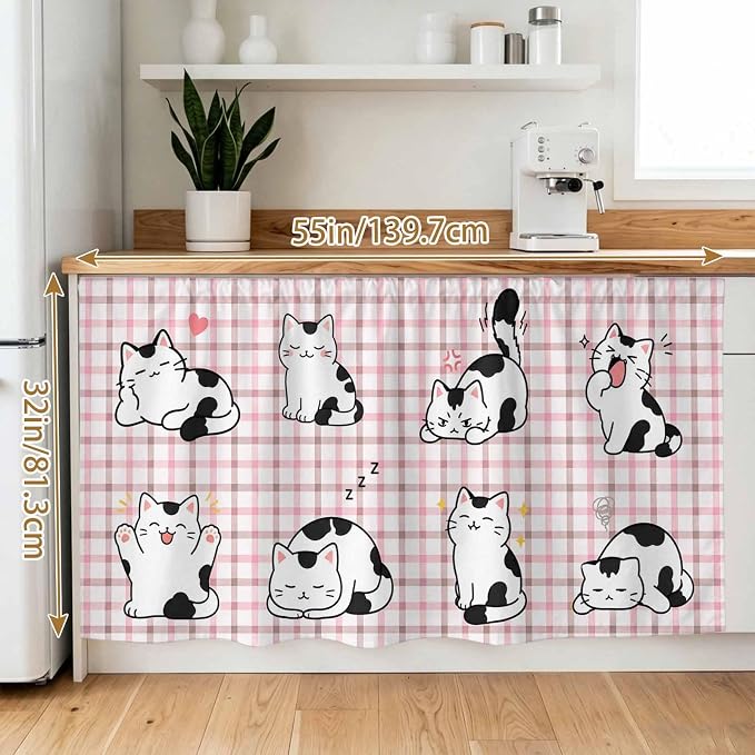 Cute Cat Cabinet Curtain 32"Wx55"L, Dustproof Pantry Door Curtain with Self Adhesive Tape, Modern Playful Pet Cats Pink Brown Plaid Tall Storage Cover Privacy Drape for Bathroom Kitchen Laundry Room