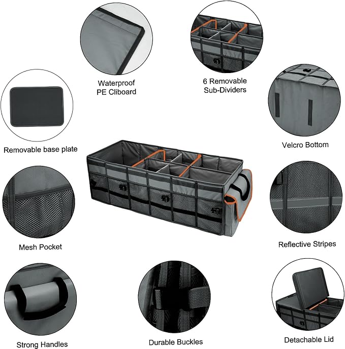 GDNasist Car Trunk Organizer and Storage with Removable Leakproof Cooler Bag, 6 Removable Dividers for Custom Space, Collapsible Trunk Storage with Non Slip Bottom, Foldable Cover for SUV, Jeep, MPVs | Collapsible Trunk Organizers with Lid & Removable ...