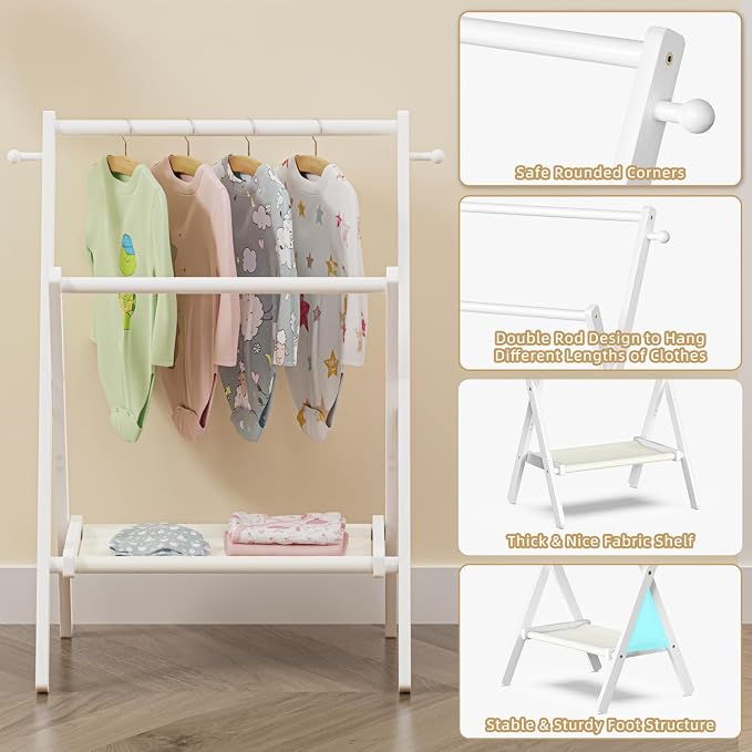 BAMBOOHOMIE Baby Clothing Rack for Baby Shower Pets Dolls, Baby Clothes Rack with Storage Shelf & Double Rods, Toddler Clothes Rack, Mini Closet Baby Shower Rack (White)
