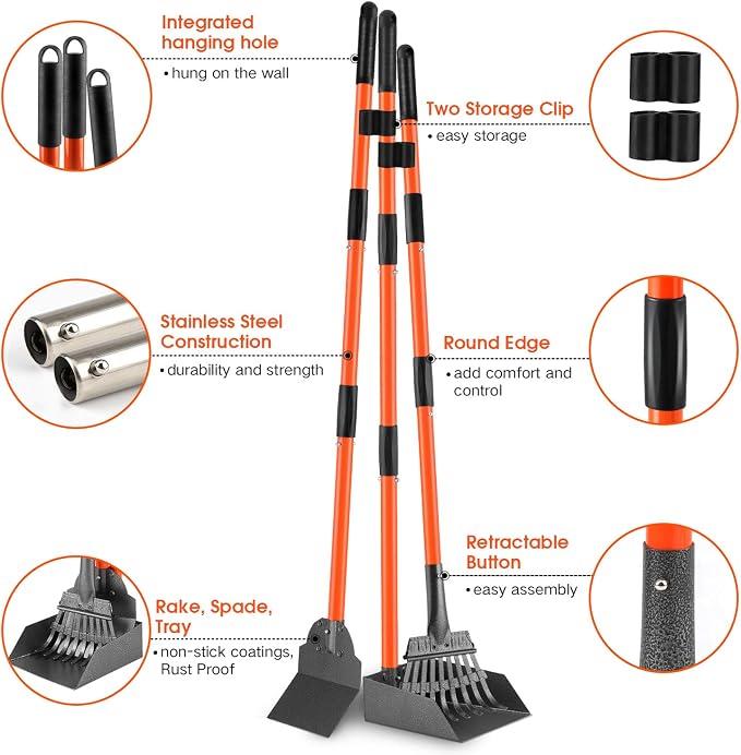 Pooper Scooper, Long Handle Dog Poop Scooper for Medium Small Dogs | Heavy Duty, Pet Supplies Metal Tray Rake Spade,Stainless Steel,Rust-Resistant, 37"+ Handle No Bend, Use on Grass Dirt Gravel