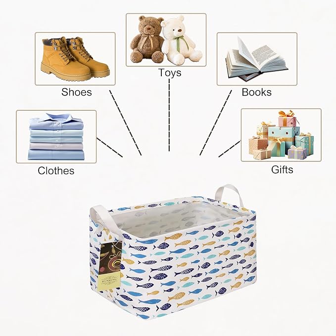 Rectangle Foldable Storage Basket Handles For Home, fish | Waterproof canvas material, reinforced handles, perfect for shelf use, organizes clothes, daily items and pet supplies