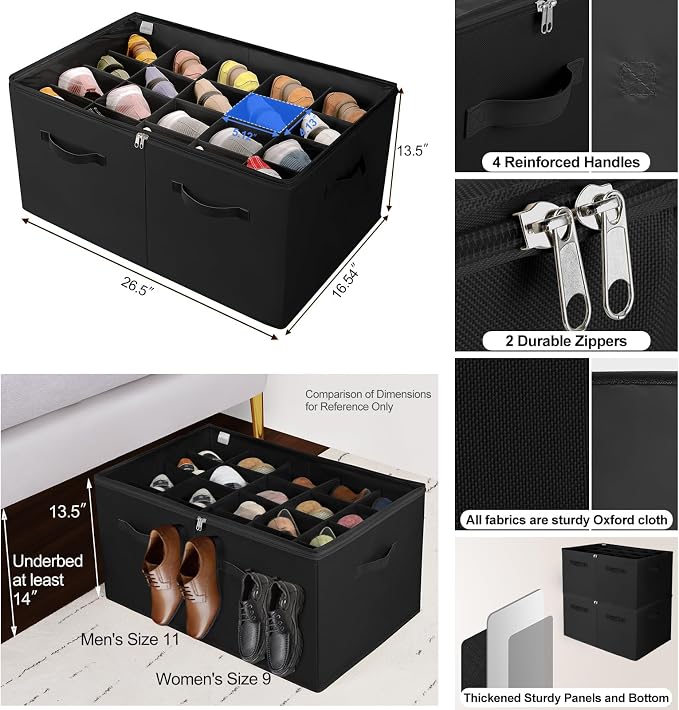 Shoe Organizer for Closet 2 Pack, Foldable Shoe Box with Adjustable Divider and Clear Cover, Space Saving Shoe Storage Organizer Cabinet with Reinforced Handles, Fits 40 Pair, Black, TP11B