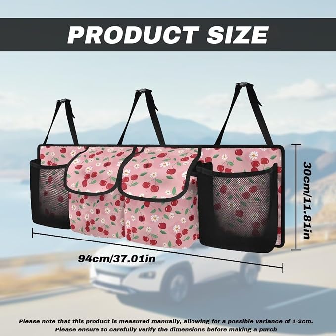 Dreaweet Cute Trunk Organizer for Car Women Pink Cherry Print Car Storage Accessories Interior Car Trunk Organizer SUV Hanging Car Storage Back Seat Bag with 4 Pockets 3 Adjustable Straps