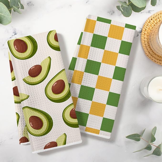 Avocado and Color Checkered Kitchen Towels, Quick Dry Multipurpose Waffle Weave Hand Towels for Bathroom, Absorbent Reusable Cloth Tea Dish Towels for Home Decor, Avocado Lover Gift Towel Set of 2