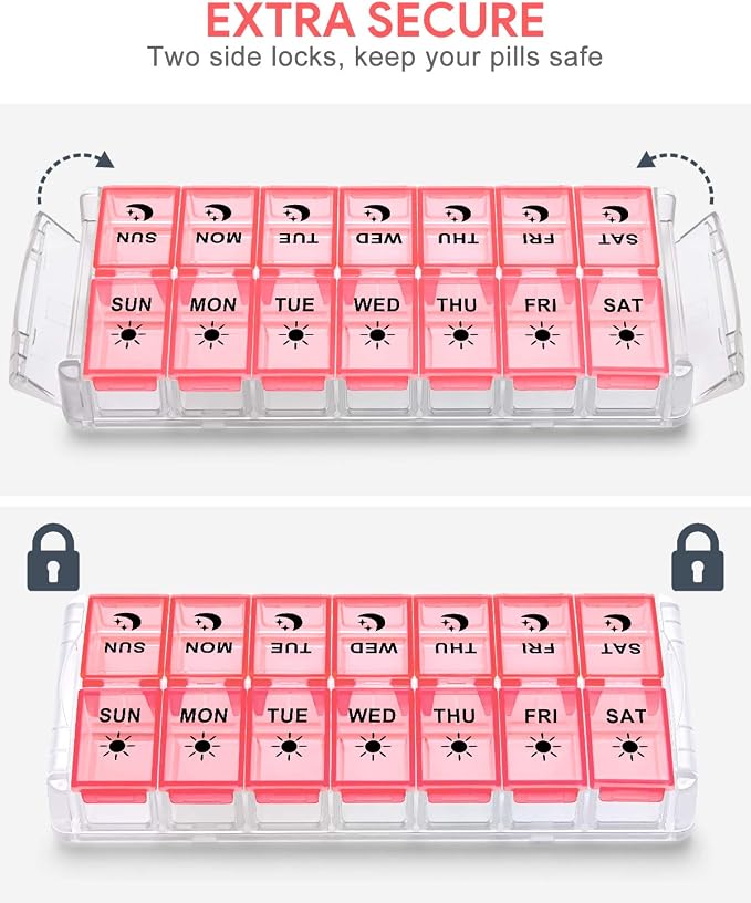 Weekly Pill Organizer 7 Day 2 Times a Day Extra Large, Quick Fill 2022 Fullicon AM PM XL Daily Pill Cases Pill Box with Detachable Base - Pink (Patent Registered) | Each Compartment Holds 13 Fish Oils or 12 Vitamins, BPA Free Food Grade Plastic, Preven...