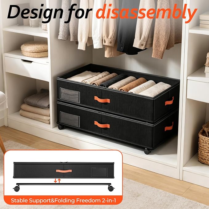Scilulu Under Bed Storage with Wheels 4-Pack, 66L, 30" L x 16.2" W x 7.5" H | Rolling under bed drawers with sturdy frame, clear lids; underbed containers store clothes, shoes, blankets, toys & holiday