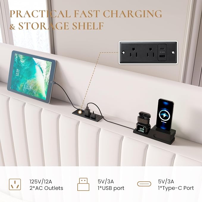 SHA CERLIN King Size Lift Up Storage Bed Frame, Charging Station, White | Storage Headboard with Charging Station, USB, Type-C Port Velvet Hydraulic Storage Bed No Box Spring Needed Noise Free