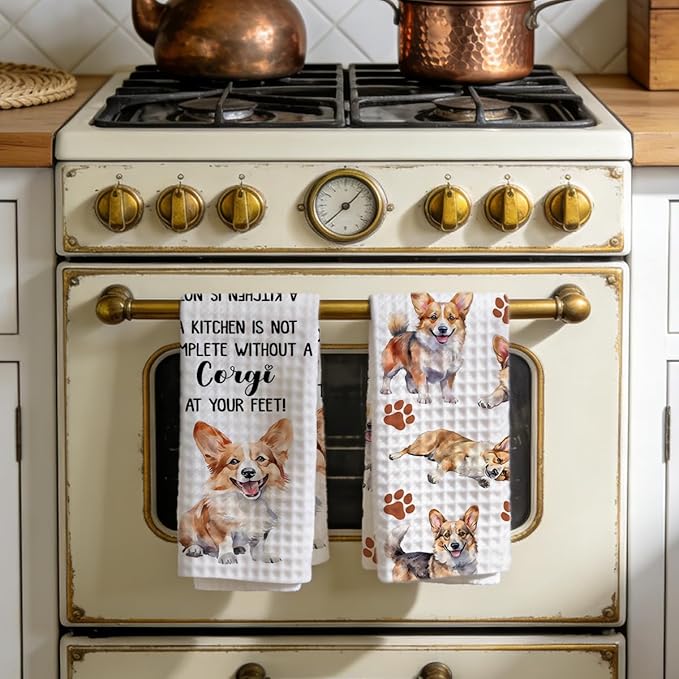 Corgi Waffle Weave Kitchen Towels, Quick Dry Multipurpose Hand Towels for Bathroom, Absorbent Reusable Cloth Tea Dish Towels for Home Decor, Dog Lover Gift Towel Set of 2