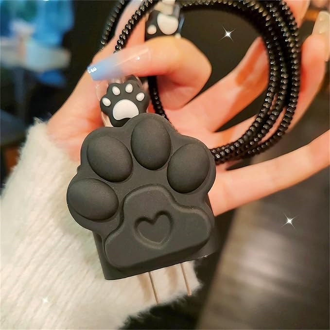 DIY Charger Cover for iPhone Charger Protector with Cat Paw Design,Soft Girly Kawaii Cat Claw Charging iPhone Cord Protector iPad Charger Protector Cute Cable Saver for iPhone 18W/20W Charger-Black