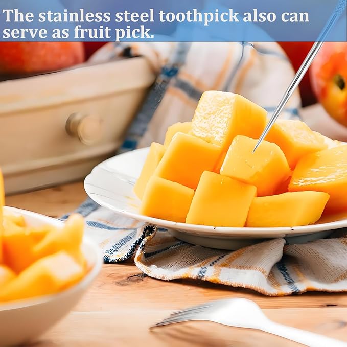 Dental Teeth Pick 7 Pack Stainless Steel Toothpick Kit Dental Tools Tooth Stains Remover Dental Floss Ficks Teeth Cleaning Tools with Holder for for Outdoor Picnic, Camping, Travel
