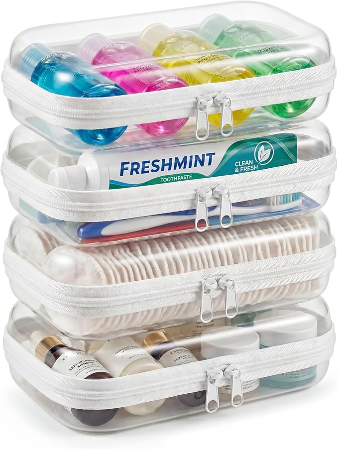 4 Pack Clear Hard Shell Zipper Case, Hard Plastic Zipper Pouches for Travel Toiletries, Makeup, Tech Gadgets & Pencils, Transparent Crush-Resistant Organizer Case (4S)