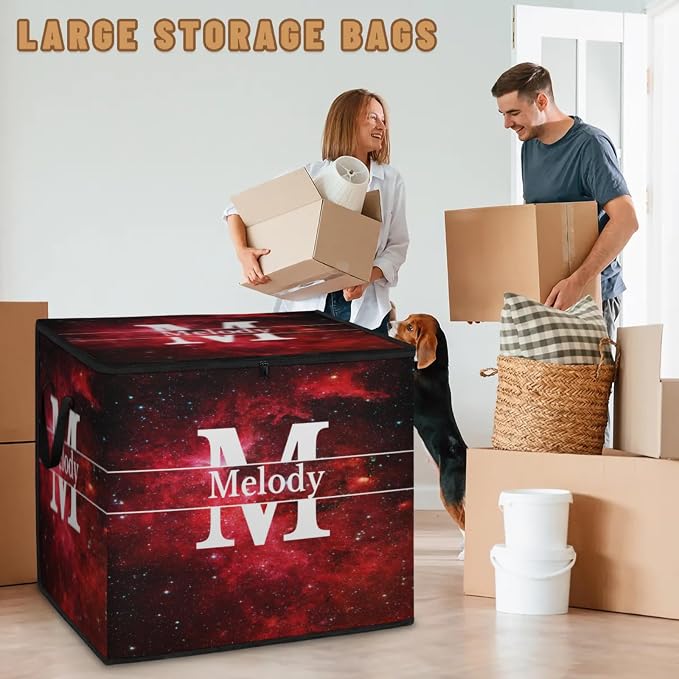 Personalized Name Foldable Storage Basket Cubes with Lid, Laundy Hamper Dirty Clothes Pet Toys Storage Bin with Handles for Shelf Home Closet Kitchen, Red Galaxy Universe with Initial Letter
