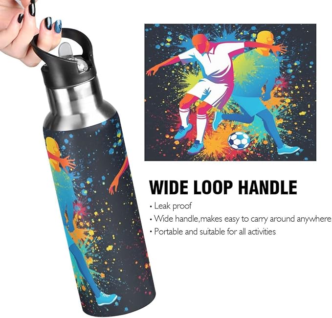 Soccer Ball Player Water Bottle with Straw Lid Kids Insulated Stainless Steel Water Flask Sports, 20 Oz Hot Cold