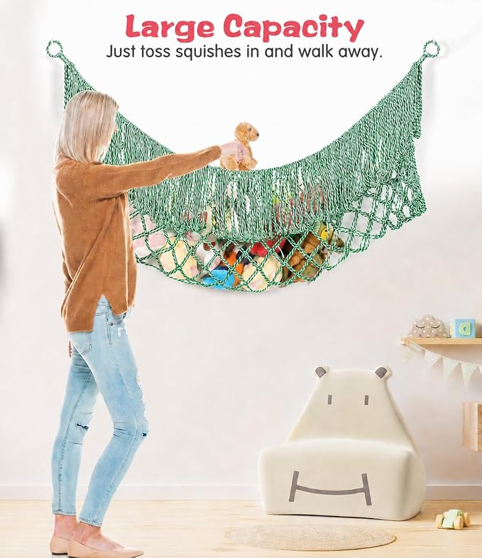 Stuffed Animal Hammock - Extra Large 63'' Long (Green-White) | Premium Cotton Hand-knitted, Beautiful Long Tassel, Storage Hanging Organizer, Can Fit Stuffed Animals 40 Piece or More