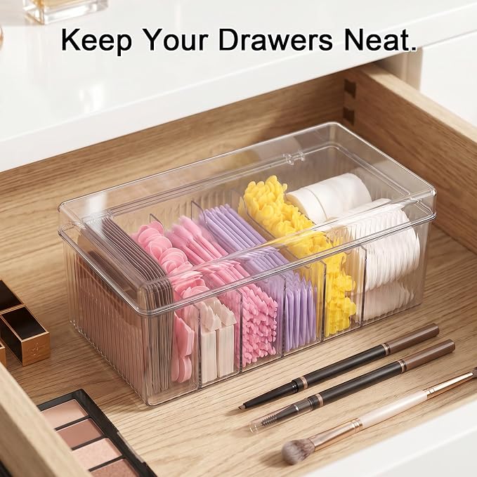 2 Pack Lash Extension Organizer with 6 Compartments, Clear Acrylic Eyelash Cart Storage Boxes with Lid, Stackable Dustproof Eyelash Extension Supplies Storage Container for Lash Techs Salon Home
