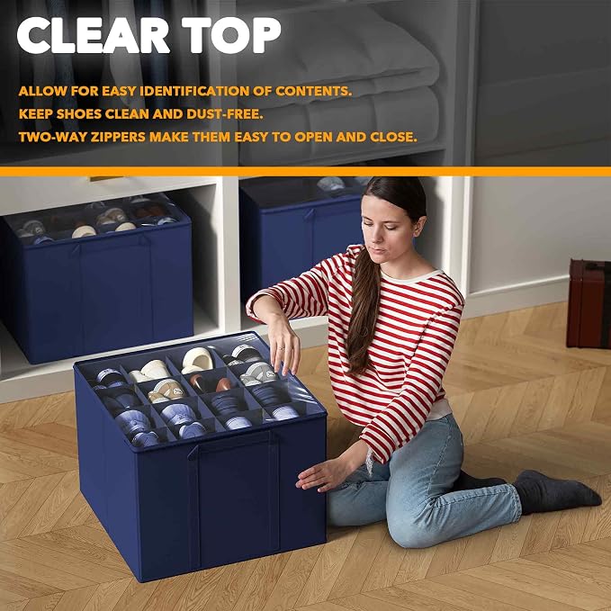 SpaceAid Shoe Organizer for Closet, 2 Pack Foldable Shoe Storage Containers Baskets Boxes Bins w/Adjustable Dividers, Fits 16-32 Pairs, Blue