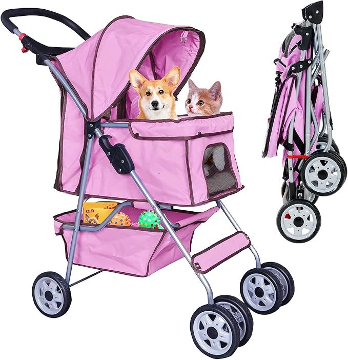 Best 4 Wheels Pet Stroller for Dog and Cat Stroller, Lightweight and Foldable Carrier Strolling Cart W/Cup Holders Removable Liner for Small and Medium Dog Cat or Pet - Pink