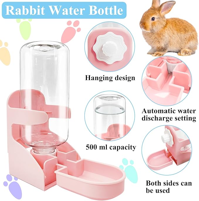 kathson Rabbit Water Dispenser for Cage 17 Oz Hanging Guinea Pig Water Bottle No Drip Gravity Automatic Bunny Water Bottle No Leak Small Animal Water Bottle for Chinchilla Ferret Hamster（Pink）