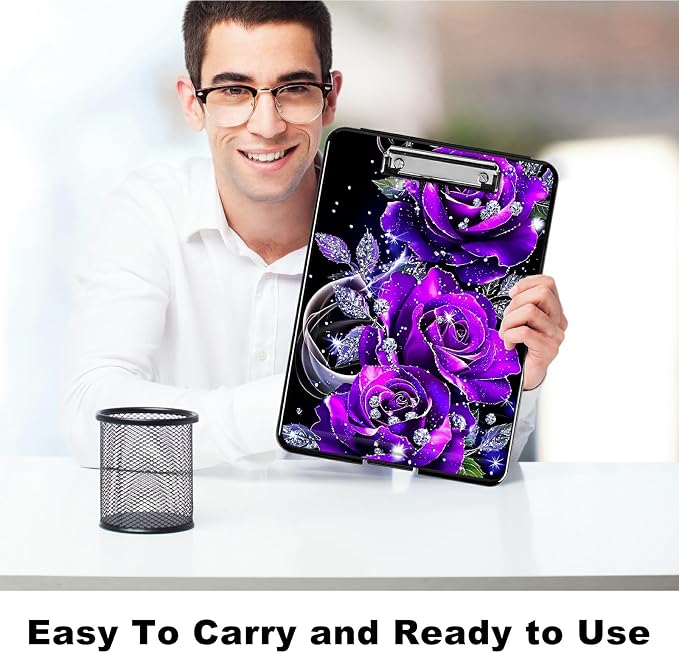 Purple Rose 01 A4 Clipboard with Storage Pen Holder, Clipboards Organizer Nursing Clipboard Foldable File Folder Plastic Clipboard Folio Clip Board for Office Students Classroom Doctor