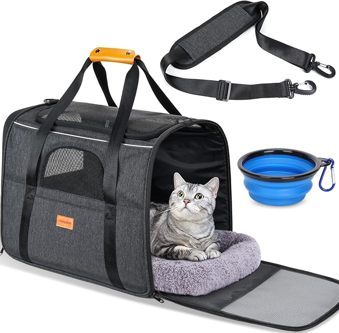 Morpilot Cat Carrier Soft for Large Medium Cats and Puppy up to 20lbs | with Dual-Sided Cushion, Secure Buckle and Foldable Bowl, Dog Carriers for Small Dogs - Pet Carrier (Dark Gray)