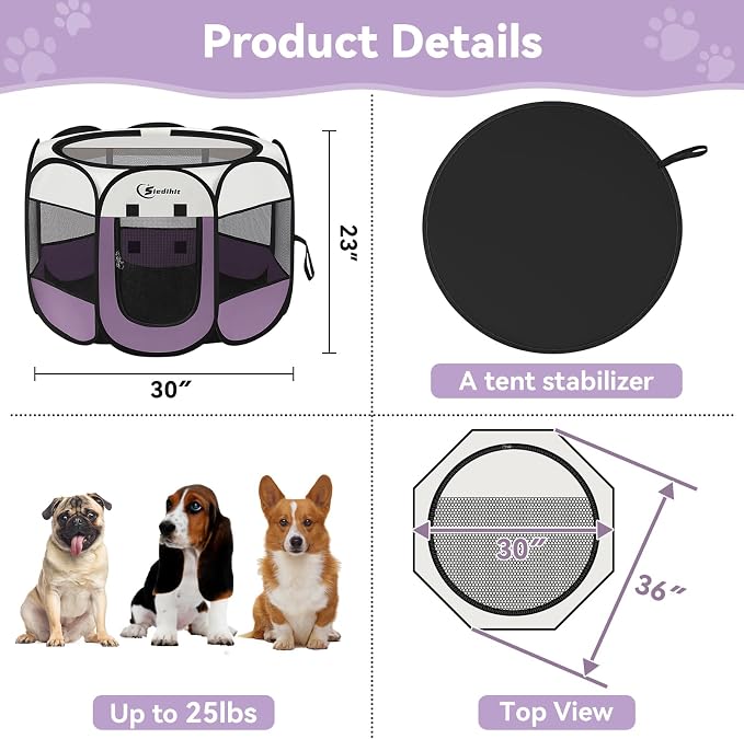 Siedihit Dog Cat Playpen, Small Puppy Pet Playpen, Dog Crate Tent Cage | Indoor/Outdoor, Portable Pop Up Dogs Kennel Playpen with Carrying Case for Dogs/Cats/Rabbits(Light Purple, Medium)