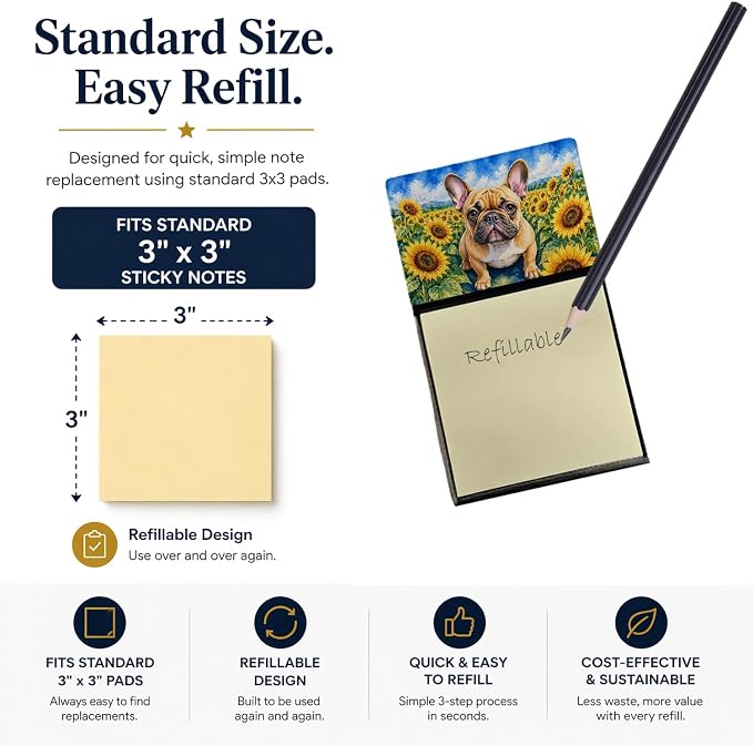 Caroline's Treasures French Bulldog in Sunflowers Watercolor Sticky Note Holder Refillable Dispenser Desk Accessory 3x3 Pad Gift